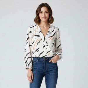 Nine West Women's Elegant Brushstroke Shirt V Neck Wrap Blouse Top Size L